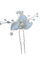 Hårnåle; 1 x hårnåle med blomster og perler, sølv